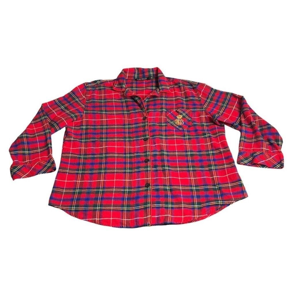 Lauren Ralph Lauren Pajama Shirt Womens 1X Red Plaid Crest‎ Flannel Sleepwear